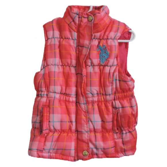 US Polo Assn Puffer Vest Pink Plaid Big Logo 4T - Picture 1 of 3